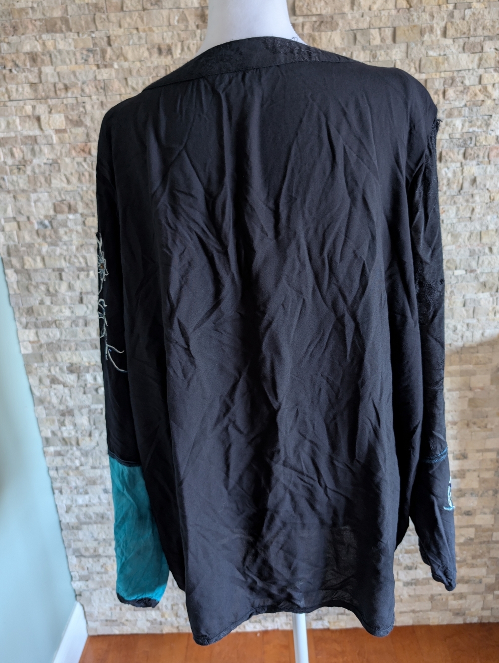 Vintage Beaded Patchwork Open Shirt Top 2X Black Teal Embroidered Artsy Boho image 4